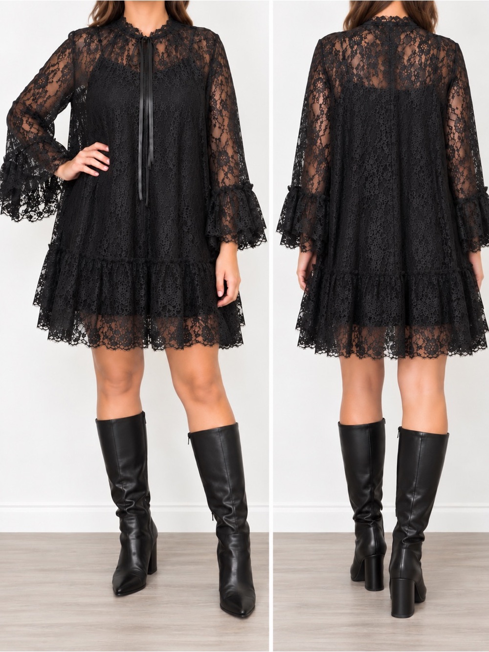 Black Lace Ruffle Shift Dress
